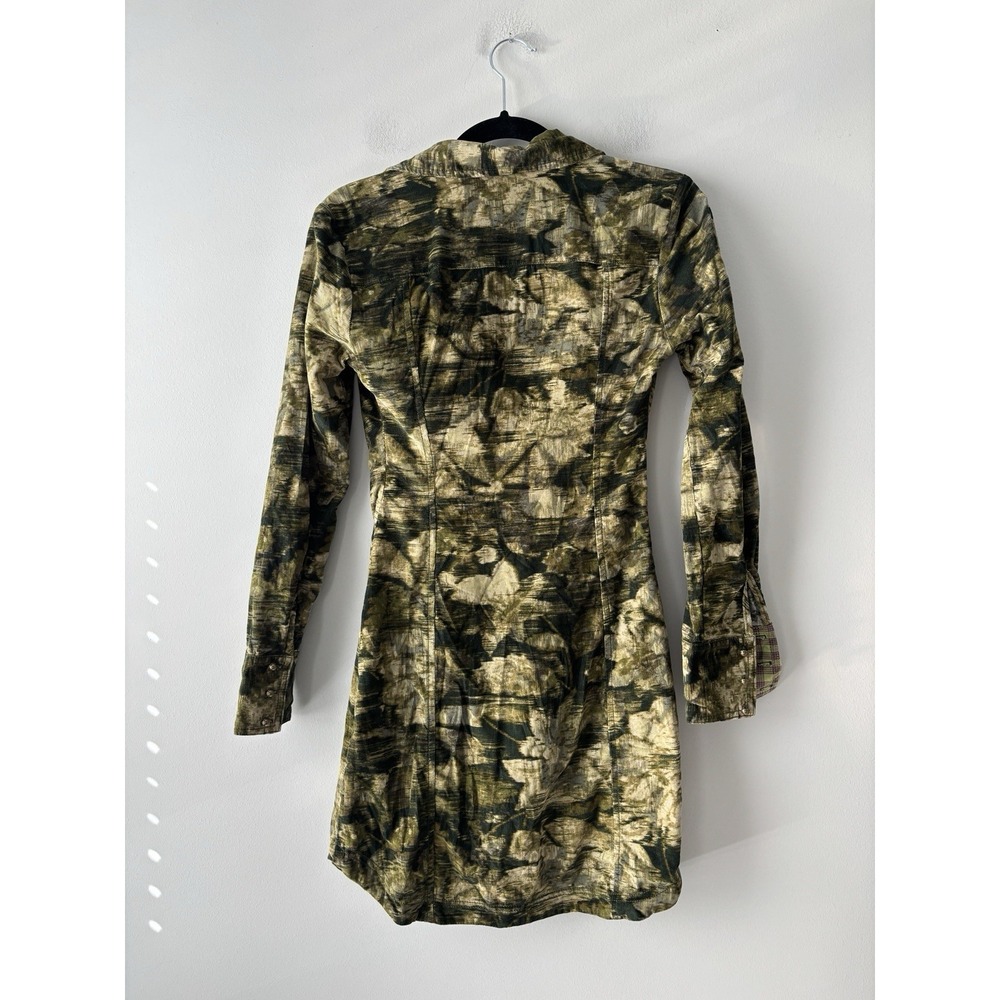 Anthropologie Pilcro Ruched‎ Corduroy Green Printed Mini Shirt Dress Size 0 - Picture 4 of 13